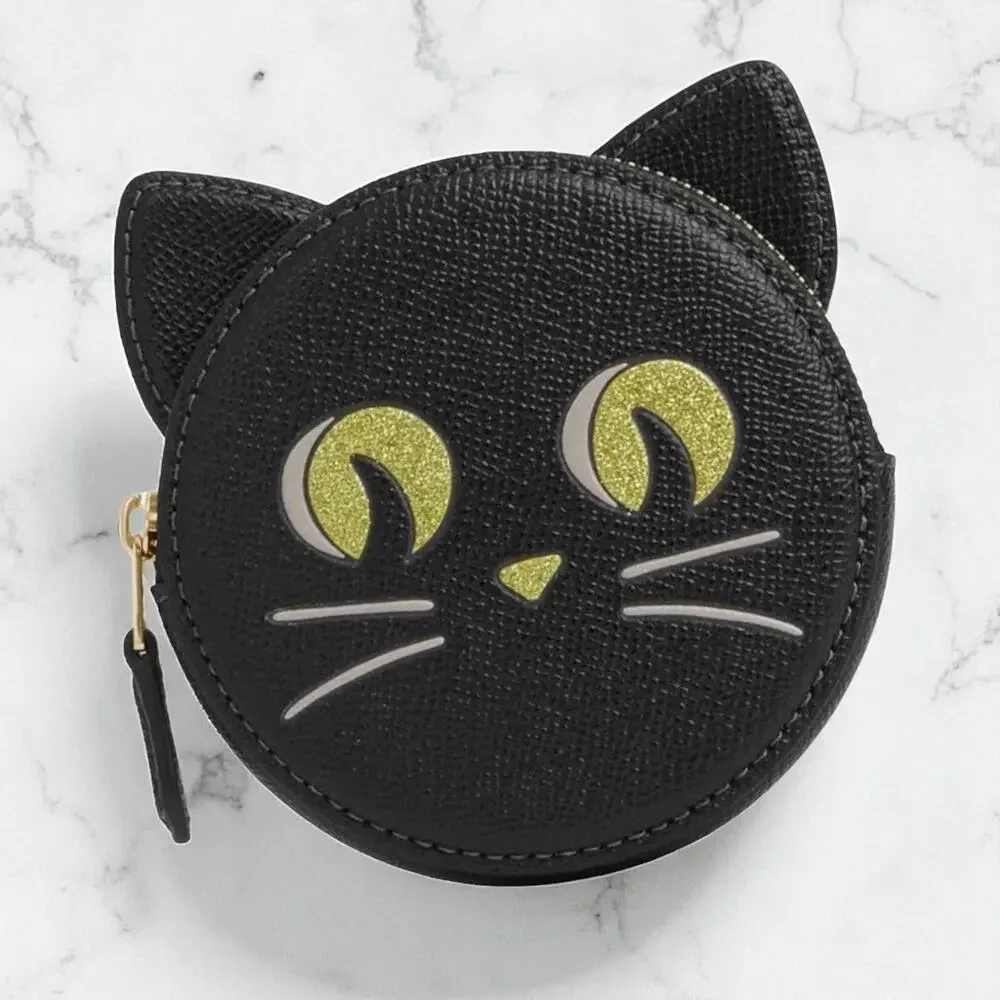 Coach Coin Case With Halloween Cat in Black Leather CW464